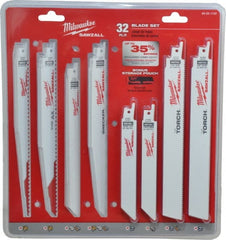 Milwaukee Tool - 32 Piece, 6" to 9" Long x 0.04" to 0.05" Thick, Bi-Metal Reciprocating Saw Blade Set - Straight Profile, 5-8 to 24 Teeth per Inch, Toothed Edge - Exact Tooling