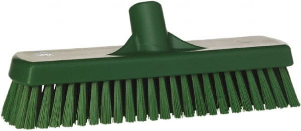 Vikan - 1.7" Bristle Length, Polyester Scrub Brush - 11-1/4" Long x 3" Wide Head, 12" OAL, European Threaded Handle, Green, Polypropylene Block - Exact Tooling