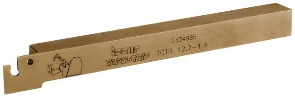 Iscar - External Thread, 0.5906" Max Depth of Cut, 1.4mm Min Groove Width, 140mm OAL, Right Hand Indexable Grooving Cutoff Toolholder - 1/2" Shank Height x 1/2" Shank Width, TAG 1.4 Insert Style, TGT Toolholder Style, Series Tang-Grip - Exact Tooling