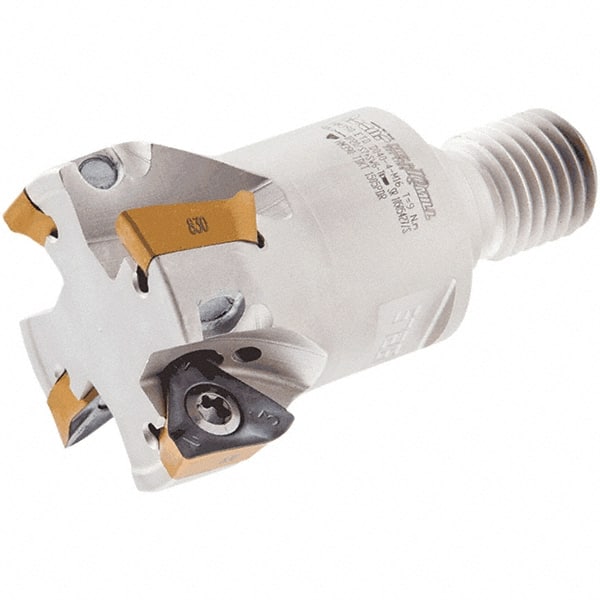 Iscar - 1" Cut Diam, 0.315" Max Depth of Cut, 3/4" Shank Diam, 3.38" OAL, Indexable Square Shoulder Helical End Mill - HM390 TPKT 1003PDR Inserts, Weldon Shank, 0° Lead Angle, Through Coolant, Series HeliIQMill - Exact Tooling