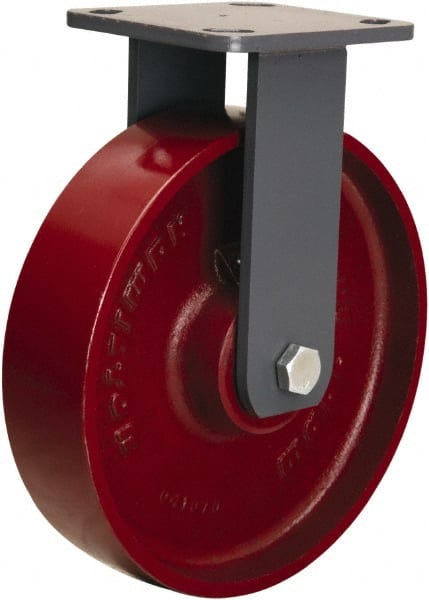 Hamilton - 8" Diam x 2" Wide x 9-1/2" OAH Top Plate Mount Rigid Caster - Cast Iron, 1,500 Lb Capacity, Tapered Roller Bearing, 4 x 4-1/2" Plate - Exact Tooling