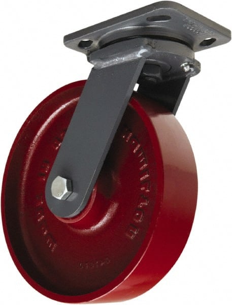 Hamilton - 8" Diam x 2" Wide x 9-1/2" OAH Top Plate Mount Swivel Caster - Cast Iron, 1,500 Lb Capacity, Sealed Precision Ball Bearing, 4 x 5" Plate - Exact Tooling