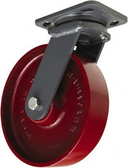 Hamilton - 8" Diam x 2" Wide x 9-1/2" OAH Top Plate Mount Swivel Caster - Cast Iron, 1,500 Lb Capacity, Sealed Precision Ball Bearing, 4 x 5" Plate - Exact Tooling