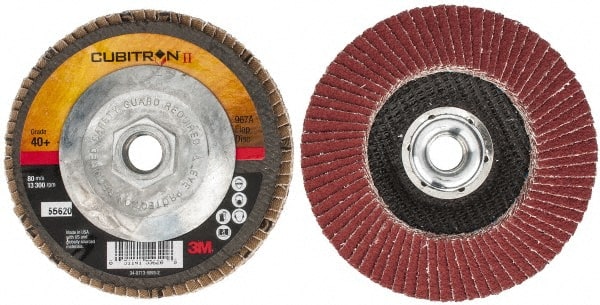 3M - 40 Grit, 4-1/2" Disc Diam, 5/8-11 Center Hole, Type 29 Ceramic Flap Disc - 13,300 Max RPM, Cloth Backing, Arbor Attaching System, Coated - Exact Tooling