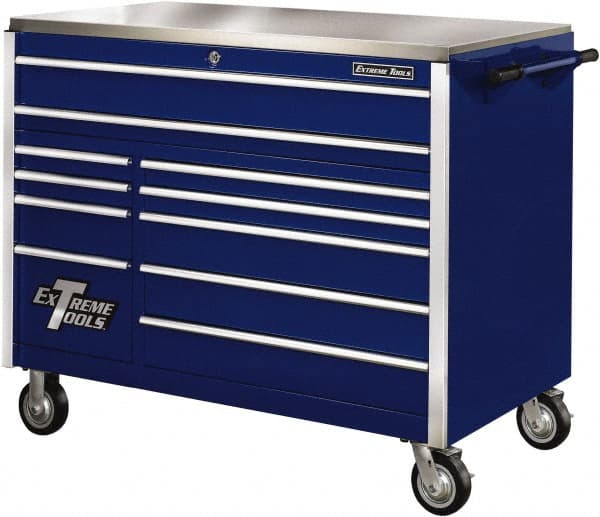 EXTREME TOOLS - 11 Drawer Steel Tool Roller Cabinet - 55" Wide x 46-3/8" High x 30" Deep, Ball Bearing Drawer Slides, Blue - Exact Tooling