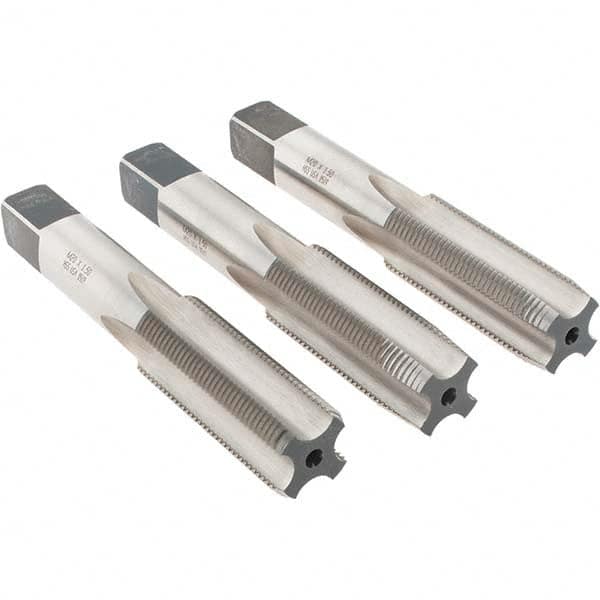 Made in USA - M20x1.50 Metric Fine, 4 Flute, Bottoming, Plug & Taper, Bright Finish, High Speed Steel Tap Set - Right Hand Cut, 4-15/32" OAL, 2" Thread Length - Exact Tooling