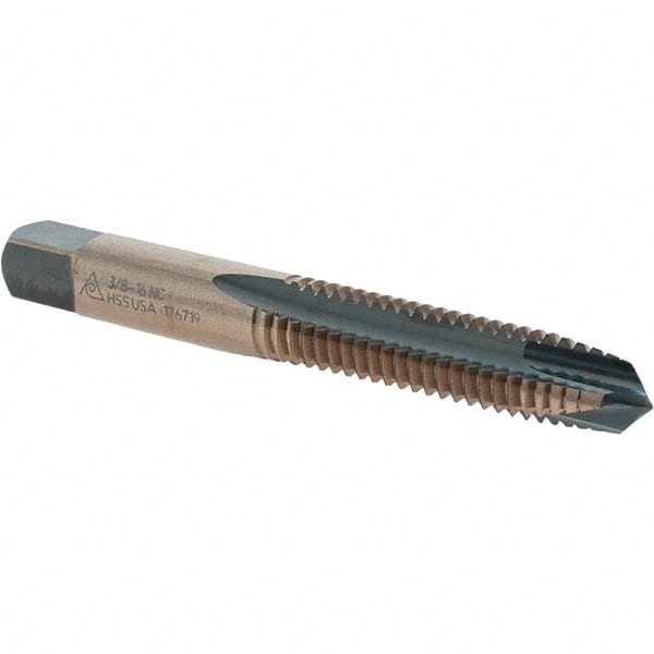 Made in USA - 3/8-16 UNC, 3 Flute, Bright Finish, High Speed Steel Spiral Point Tap - Plug Chamfer, Right Hand Thread, 2-15/16" OAL - Exact Tooling