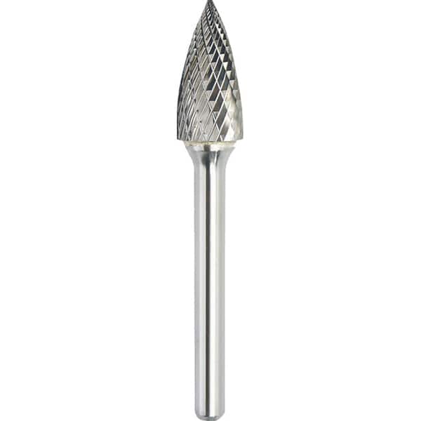 Made in USA - 1/2" Cut Diam, 0.2362" Shank Diam, Tree Head Double Cut Burr - Carbide, 25mm LOC, 70mm OAL - Exact Tooling