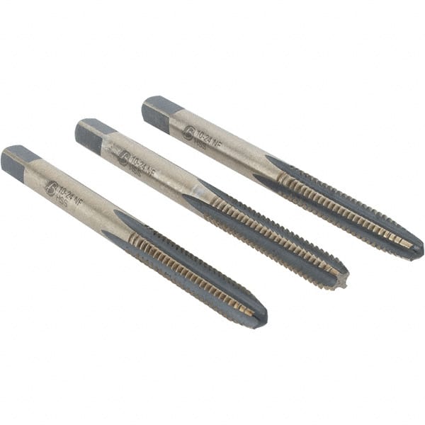 Import - #10-24 UNC, 4 Flute, Bottoming, Plug & Taper, Oxide/Gold Finish, High Speed Steel Tap Set - 2-3/8" OAL - Exact Tooling