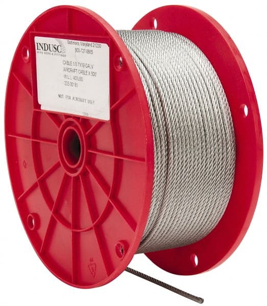 Value Collection - 1/8" Diam, Galvanized Steel Wire Rope - 2,000 Lb Breaking Strength, 7 x 19 Strand Core - Exact Tooling