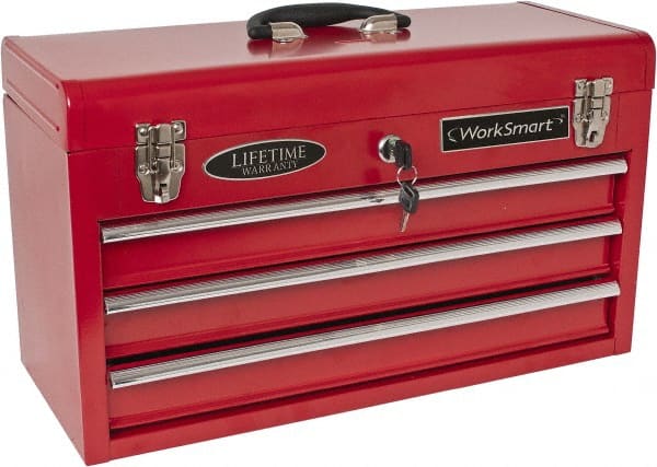 Value Collection - 3 Drawer Portable Tool Chest - 20-1/2" Wide x 8-5/8" Deep x 11-7/8" High, Steel, Red/Brown - Exact Tooling