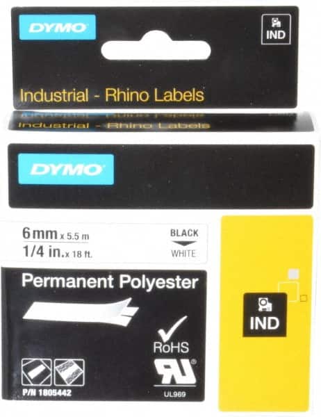Dymo - 1/4" Wide x 216" Long, White Polyester Label Printer Cartridge - For RHINO 1000, 3000, 4200, 5000, 5200,6000, 6500 - Exact Tooling