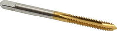 Cleveland - #8-32, 2 Flute, TiN Finish, High Speed Steel Spiral Point Tap - Plug Chamfer, Right Hand Thread, 0.38" Thread Length, 2B Class of Fit, Series 1011TN - Exact Tooling