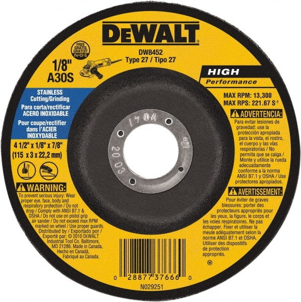 DeWALT - 30 Grit, 4-1/2" Wheel Diam, 1/8" Wheel Thickness, 7/8" Arbor Hole, Type 27 Depressed Center Wheel - Aluminum Oxide, 13,300 Max RPM, Compatible with Angle Grinder - Exact Tooling
