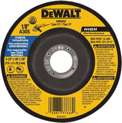 DeWALT - 30 Grit, 4-1/2" Wheel Diam, 1/8" Wheel Thickness, 7/8" Arbor Hole, Type 27 Depressed Center Wheel - Aluminum Oxide, 13,300 Max RPM, Compatible with Angle Grinder - Exact Tooling