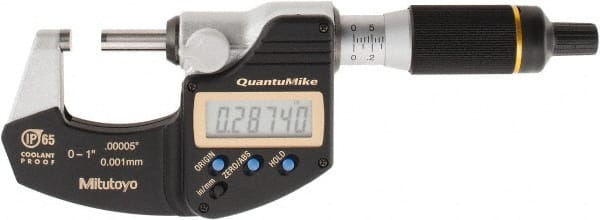 Mitutoyo - 0 to 1 Inch Range, 0.0001 Inch Resolution, Rapid Measurement, IP65 Electronic Outside Micrometer - 0.0001 Inch Accuracy, Ratchet Stop Thimble, Carbide Face, SR44 Battery, Plastic Case, Includes NIST Traceable Certification of Inspection - Exact Tooling