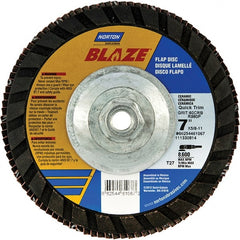 Norton - 120 Grit, 7" Disc Diam, 5/8-11 Center Hole, Type 27 Ceramic Alumina Flap Disc - 8,600 Max RPM, Polyester Backing, Arbor Attaching System, Coated - Exact Tooling