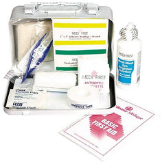 Medique - 52 Piece, 5 Person, Multipurpose/Auto/Travel First Aid Kit - 7-3/4" Wide x 2-3/4" Deep x 4-3/4" High, Metal Case - Exact Tooling