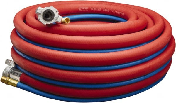 Parker - 3/4" ID 50' Long Jackhammer Hose - Universal Style Coupling (Air Hose)/Male NPT (Water Hose) Ends, 300 Working psi, -40 to 212°F, 3/4 x 3/8" Fitting, Red & Blue - Exact Tooling