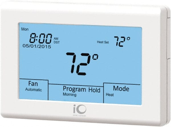 iO HVAC Controls - 41 to 122°F, Heat Pump (3 Heat, 2 Cool), Multi-Stage (2 Heat, 2 Cool), Digital Touchscreen Programmable Thermostat - 24 Volts, 1-1/4" Inside Depth x 3-3/4" Inside Height x 5-3/4" Inside Width, 2 Screw Mount, SPDT Switch - Exact Tooling