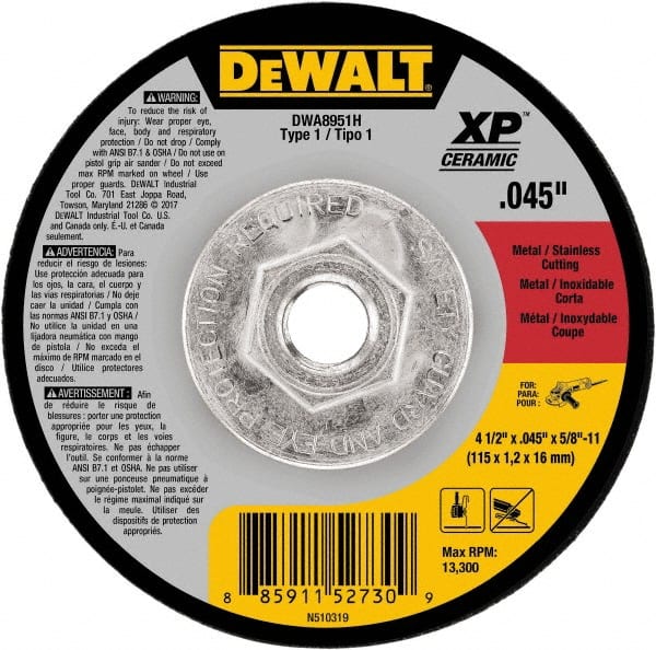 DeWALT - 4-1/2" Ceramic Cutoff Wheel - 0.045" Thick, 5/8-11 Arbor, 13,300 Max RPM, Use with Angle Grinders - Exact Tooling