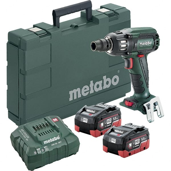 Metabo - 1/2" Drive 18 Volt Pistol Grip Cordless Impact Wrench & Ratchet - 2,150 RPM, 0 to 4,250 BPM, 295 Ft/Lb Torque, 2 Lithium-Ion Batteries Included - Exact Tooling