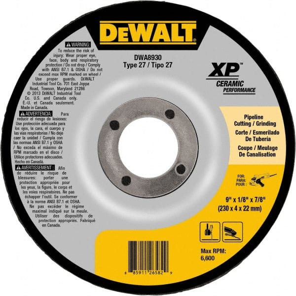 DeWALT - 24 Grit, 9" Wheel Diam, 7/8" Arbor Hole, Type 27 Depressed Center Wheel - Coarse/Medium Grade, Ceramic, N Hardness, 6,600 Max RPM - Exact Tooling