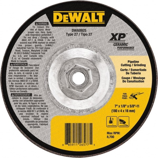 DeWALT - 24 Grit, 7" Wheel Diam, Type 27 Depressed Center Wheel - Coarse/Medium Grade, Ceramic, N Hardness, 8,700 Max RPM - Exact Tooling