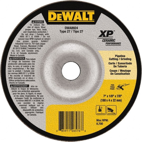 DeWALT - 24 Grit, 7" Wheel Diam, 7/8" Arbor Hole, Type 27 Depressed Center Wheel - Coarse/Medium Grade, Ceramic, N Hardness, 8,700 Max RPM - Exact Tooling