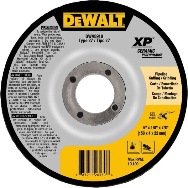 DeWALT - 24 Grit, 6" Wheel Diam, 7/8" Arbor Hole, Type 27 Depressed Center Wheel - Coarse/Medium Grade, Ceramic, N Hardness, 10,100 Max RPM - Exact Tooling