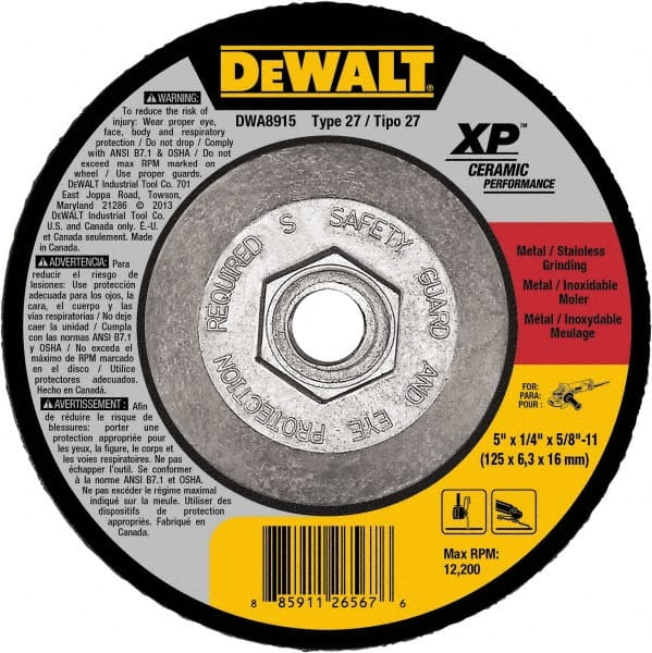 DeWALT - 24 Grit, 5" Wheel Diam, Type 27 Depressed Center Wheel - Coarse/Medium Grade, Ceramic, N Hardness, 12,200 Max RPM - Exact Tooling
