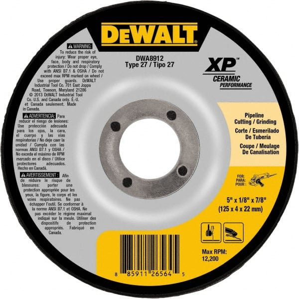 DeWALT - 24 Grit, 5" Wheel Diam, 7/8" Arbor Hole, Type 27 Depressed Center Wheel - Coarse/Medium Grade, Ceramic, N Hardness, 12,200 Max RPM - Exact Tooling