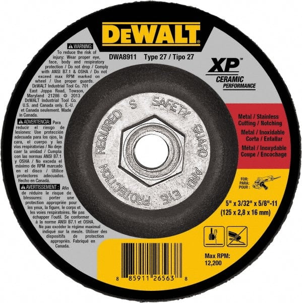 DeWALT - 24 Grit, 5" Wheel Diam, Type 27 Depressed Center Wheel - Coarse/Medium Grade, Ceramic, N Hardness, 12,200 Max RPM - Exact Tooling
