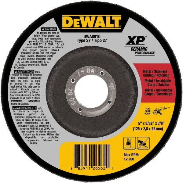 DeWALT - 24 Grit, 5" Wheel Diam, 7/8" Arbor Hole, Type 27 Depressed Center Wheel - Coarse/Medium Grade, Ceramic, N Hardness, 12,200 Max RPM - Exact Tooling