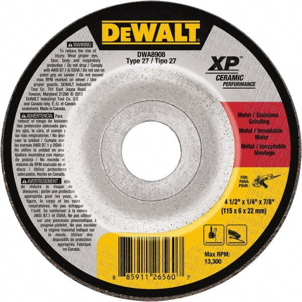 DeWALT - 24 Grit, 4-1/2" Wheel Diam, 7/8" Arbor Hole, Type 27 Depressed Center Wheel - Coarse/Medium Grade, Ceramic, N Hardness, 13,300 Max RPM - Exact Tooling