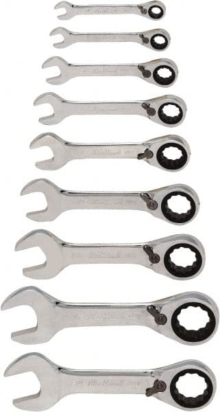 Blackhawk by Proto - 9 Piece, 1/4" to 3/4", Stubby Ratcheting Reversible Combination Wrench Set - Inch Measurement Standard, Chrome Finish, Comes in Case - Exact Tooling