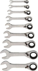 Blackhawk by Proto - 9 Piece, 1/4" to 3/4", Stubby Ratcheting Reversible Combination Wrench Set - Inch Measurement Standard, Chrome Finish, Comes in Case - Exact Tooling