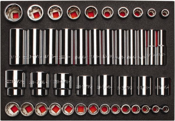 Proto - 65 Piece 1/2" Drive Chrome Finish Deep Well Socket Set - 8, 12 Points, 3/8" to 1-1/2" Range, Inch Measurement Standard - Exact Tooling