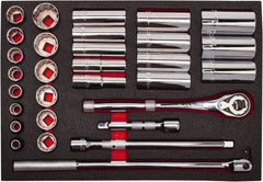 Proto - 30 Piece 1/2" Drive Chrome Finish Deep Well Socket Set - 12 Points, 3/8" to 1-1/4" Range, Inch Measurement Standard - Exact Tooling