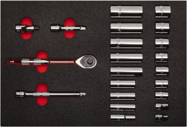 Proto - 22 Piece 3/8" Drive Chrome Finish Deep Well Socket Set - 12 Points, 3/8" to 7/8" Range, Inch Measurement Standard - Exact Tooling