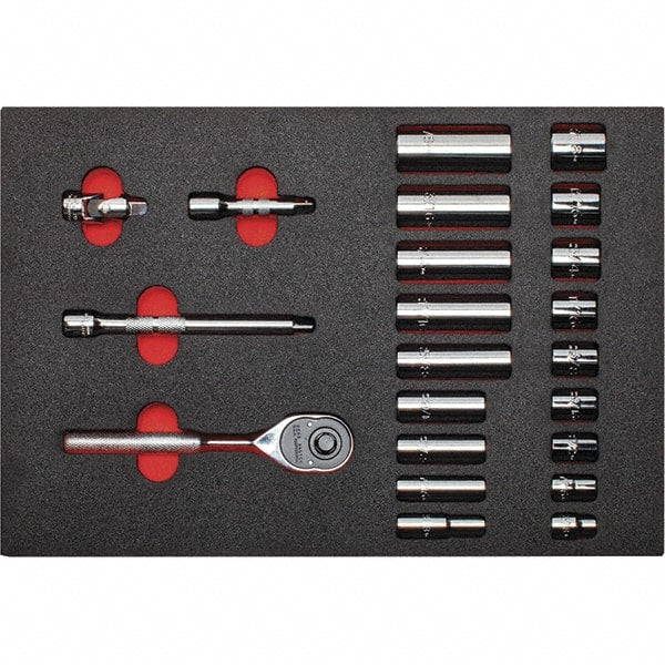 Proto - 22 Piece 3/8" Drive Chrome Finish Deep Well Socket Set - 12 Points, 3/8" to 7/8" Range, Inch Measurement Standard - Exact Tooling
