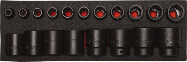 Proto - 19 Piece 1/2" Drive Black Finish Impact Socket Set - 6 Points, 3/8" to 1-1/2" Range, Inch Measurement Standard - Exact Tooling