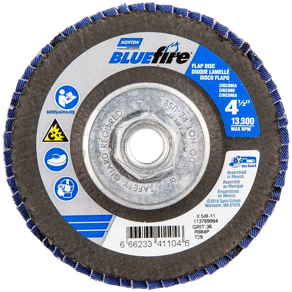 Norton - 4-1/2" 36 Grit 5/8-11 Center Hole Type 29 Zirconia Alumina Flap Disc - Exact Tooling