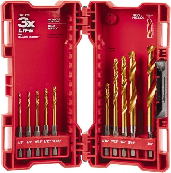 Milwaukee Tool - 1/8 to 3/8", 135° Point, TiN Finish, Titanium Hex Shank Drill Bit Set - Exact Tooling