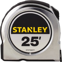 Stanley - 25' x 1" Yellow Steel Blade Tape Measure - 1/16" Graduation, Chrome ABS Plastic Case - Exact Tooling