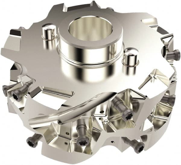 Seco - 80mm Cut Diam, 27mm Shank Diam, 45.5mm OAL, Indexable Square Shoulder Helical End Mill - LO.. 12 Inserts, Cylindrical Shank, 90° Lead Angle, Series Square T4-08 - Exact Tooling