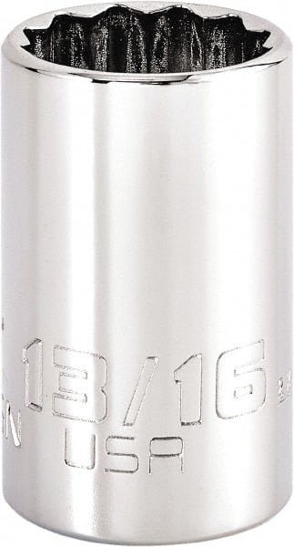 Proto - 13/16", 1/2" Drive, Standard Hand Socket - 12 Points, 1-3/4" OAL, Steel, Chrome Finish - Exact Tooling