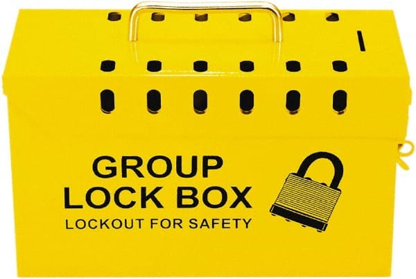 NMC - 10" Deep x 4" Wide x 6" High, Portable Group Lockout Box - Yellow, 13 Padlocks - Exact Tooling