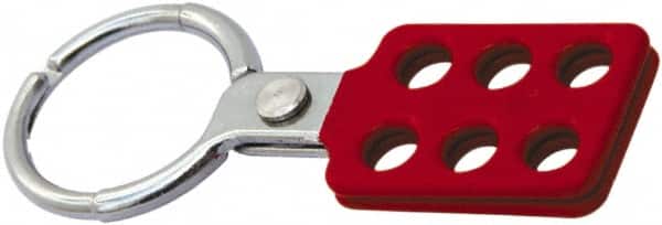 NMC - Single Jaw, 1-1/2" Jaw Diam, 6 PadLocks, Red Vinyl Insulation Aluminum Lockout Hasp - Scissor Action, 4-3/8" Long x 1-1/2" Wide, Red - Exact Tooling