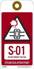 NMC - 6" High x 3" Long, S - 01 THRU S - 10 DO NOT REMOVE THIS TAG STEAM ISOLATION POINT, English Safety & Facility Energy Isolation Tag - 1 Side, Red Unrippable Vinyl - Exact Tooling